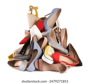 Pile of different female shoes isolated on white - Powered by Shutterstock