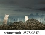 A pile of dirt with a cemetery background. The dirt is brown and there are some leaves scattered around. Dramatic smoke or fog effect. Mockup. Copy Space. Wallpaper or Halloween background