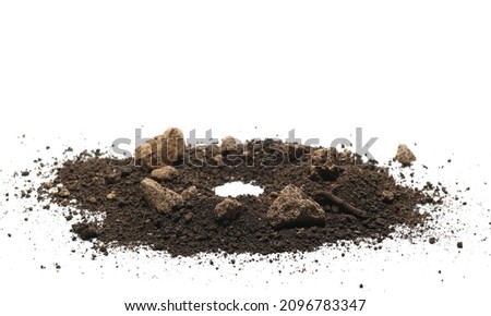 Pile dirt hole and rocks isolated on white background, with clipping path