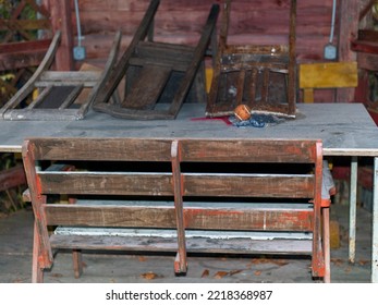 A Pile Of Discarded Old Wooden Furniture In Mess, No People