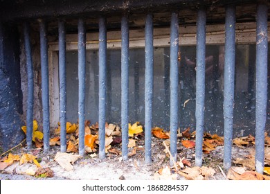 Pile Of Dried Autumn Leaves Piled Against A Dirty Window With Steel Grey Burglar Bars