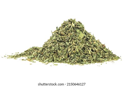 Pile of dried and chopped celery leaves isolated on a white background