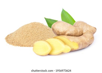 Pile of dried ginger powder and fresh ginger rhizome with cut sliced and green leaves isolated on white background.