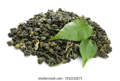 Pile Of Dried Green Tea Leaves On White Background