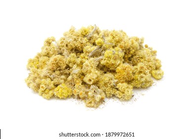 Pile von getrockneten gesunden Helichrysum Arenarium Blumen. Trockene unortelle oder Zwerg-Überast-Heap auf weiß. Alternative Medizin.