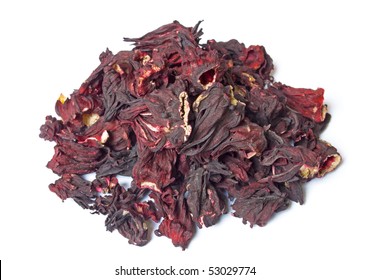 Pile of dried Hibiscus tea flowers isolated on white. Top view
