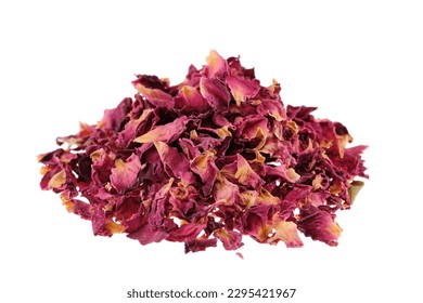 Pile of dried red rose petals (Rosa damascena), isolated on white background - Shutterstock ID 2295421967