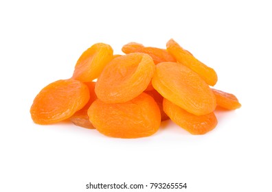 pile of dried ripe apricots on white background