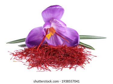 Pile Of Dried Saffron And Crocus Flower On White Background