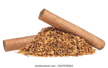 Pile of dried tobacco leaves and brown cigars isolated on a white background