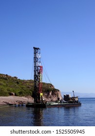 A pile driving barge on the Aegean coast of Turkey.                              