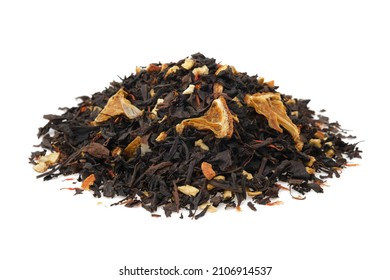 Pile Of Dry Black Tea Leaves On White. Heap Of Aromatic Black Tea Leaves With Dried Citrus Slices And Peel.