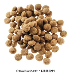 Pile Of Dry Dog Food Isolated On White Background, Seen From Directly Above.