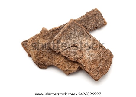 A pile of Dry Organic Banyan or Banian (Ficus benghalensis) bark, isolated on a white background. Top view