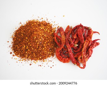 Pile Dry Red Pepper, Cayenne Pepper On White Background.