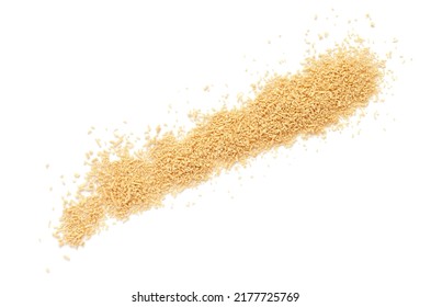 Pile of dry yeast isolated on white background, top view. Active dry yeast on a white background, top view. Dry yeast granules isolated on white background. Dry yeast is used in baked goods. - Shutterstock ID 2177725769