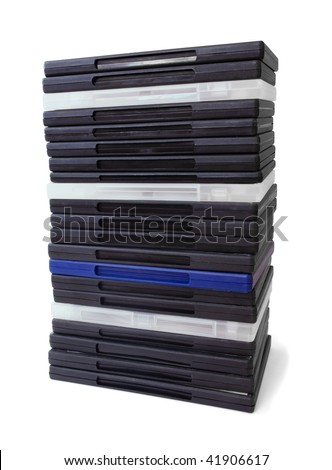 Pile of DVD movies in cases isolated on white