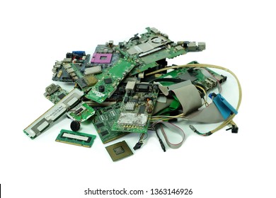 Pile Of Electronic Waste, Motherboard Computer, Electronic Equipment, Printed Circuit Board, Isolated On White Background