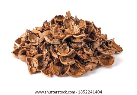 Pile of empty broken walnut shells isolated on white background. Biodegradable food waste and peelings. Nut crop concept. Front viiew.