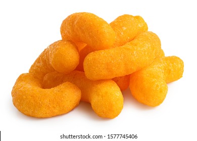 Pile Of Extruded Cheese Puffs Isolated On White.