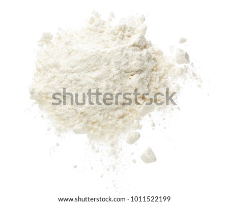 Pile of flour isolated on white background. Top view. Flat lay