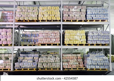 Pile Of Food Production Stacked In Warehouse