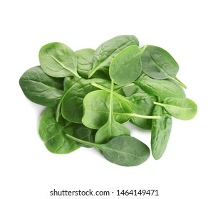 Pile Of Fresh Green Healthy Baby Spinach Leaves On White Background, Top View