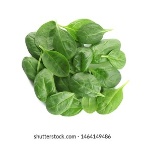 Pile Of Fresh Green Healthy Baby Spinach Leaves On White Background, Top View