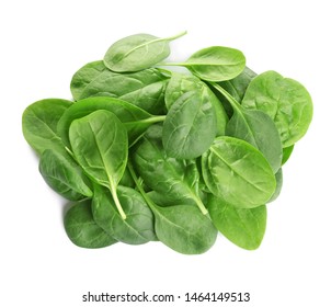 Pile Of Fresh Green Healthy Baby Spinach Leaves On White Background, Top View