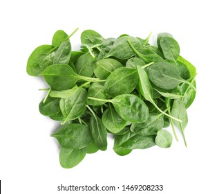 Pile Of Fresh Green Healthy Baby Spinach Leaves On White Background, Top View