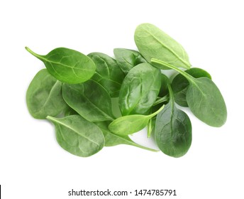 Pile Of Fresh Green Healthy Baby Spinach Leaves On White Background, Top View