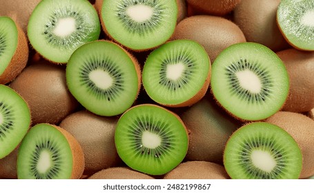 Pile of fresh kiwi fruit. Full Frame, Top View. Flat lay, top view. Pop art design, creative summer concept. - Powered by Shutterstock