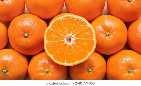 Pile of fresh Mandarin orange fruit, Mandarin orange fruit Background, Full Frame, Top View. Flat lay, top view. Pop art design, creative summer concept.