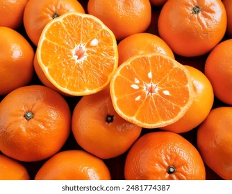 Pile of fresh Mandarin orange fruit, Mandarin orange fruit Background, Full Frame, Top View. Flat lay, top view. Pop art design, creative summer concept.