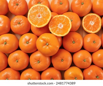 Pile of fresh Mandarin orange fruit, Mandarin orange fruit Background, Full Frame, Top View. Flat lay, top view. Pop art design, creative summer concept.