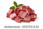 pile of fresh pork cubes isolated on white background.