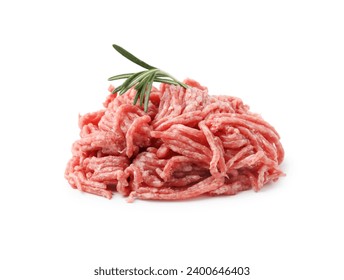 Pile of fresh raw ground meat and rosemary isolated on white