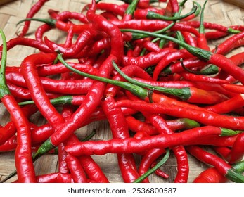 a pile of fresh red chili peppers on a woven bamboo tray. - Powered by Shutterstock