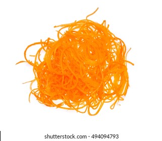 Pile Of Fresh Shredded Carrots Isolated On White Background, Top View