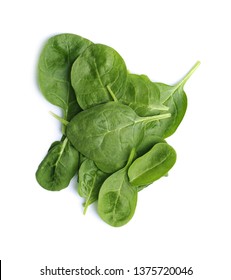 Pile Of Fresh Spinach Leaves Isolated On White, Top View