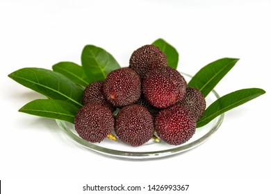 A pile of fresh Yuyao bayberries on bayberry leaves