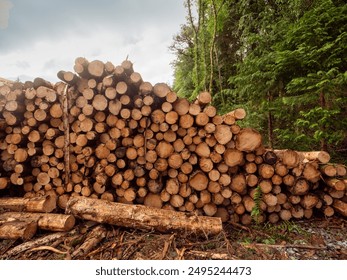 Pile of freshly cut wooden logs on a side of a muddy road in a forest. Forestry industry and business. Fire wood and construction material production. Ecology issue. Profit on natural resources. - Powered by Shutterstock