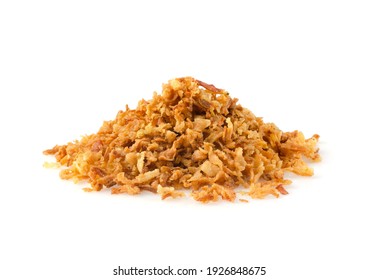 Pile of fried gold onion or shallots isolated on white background