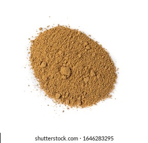 Pile Of Garam Masala Powder Mix Isolated. Ground Spice Mixes And Blended Herbs With Fennel Powder, Ground Peppercorns, Cloves, Cinnamon, Mace, Cardamom, Curry, Cumin, Coriander Top View