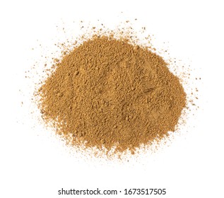 Pile Of Garam Masala Powder Mix Isolated. Ground Spice Mixes And Blended Herbs With Fennel Powder, Ground Peppercorns, Cloves, Cinnamon, Mace, Cardamom, Curry, Cumin, Coriander Top View