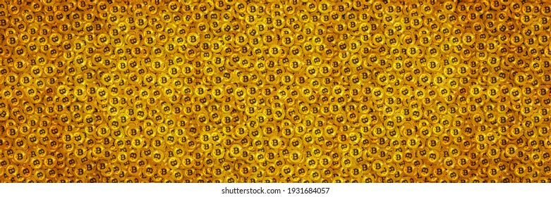 Pile Of Gold Bitcoins Panoramic Banner Background. Bitcoin Crypto Currency Money Concept.