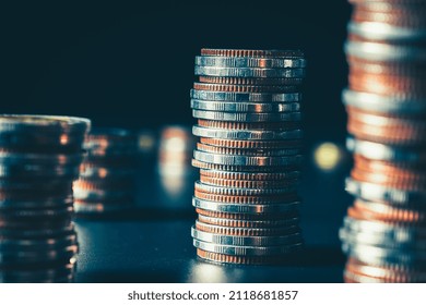 Pile Of Gold Coins Money Stack In Finance Treasury Deposit Bank Account Saving . Concept Of Corporate Business Economy And Financial Growth By Investment In Valuable Asset To Gain Cash Revenue .