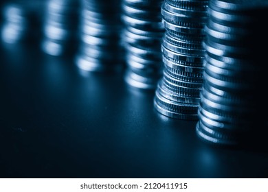 Pile Of Gold Coins Money Stack In Finance Treasury Deposit Bank Account Saving . Concept Of Corporate Business Economy And Financial Growth By Investment In Valuable Asset To Gain Cash Revenue .