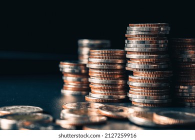 Pile Of Gold Coins Money Stack In Finance Treasury Deposit Bank Account Saving . Concept Of Corporate Business Economy And Financial Growth By Investment In Valuable Asset To Gain Cash Revenue .