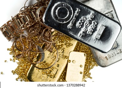 A Pile Of Gold And Silver Bars, Gold Jewelry And Gold Granules. Isolated On White Background.